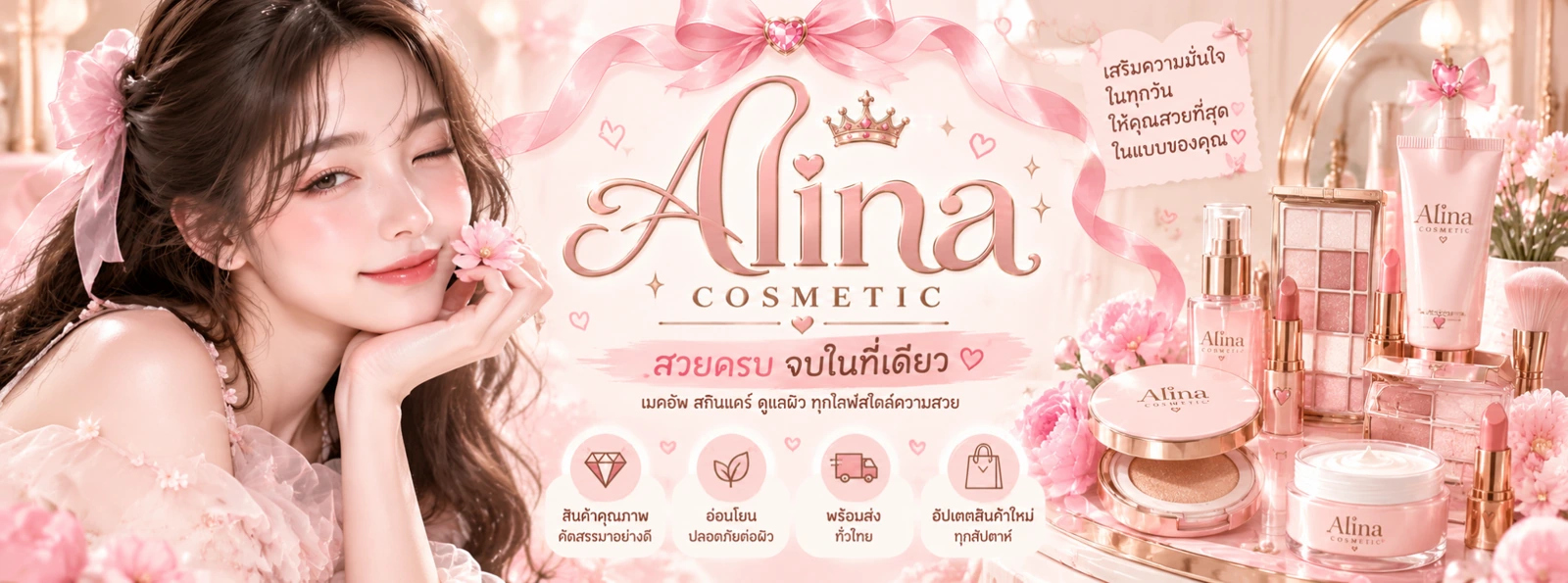 แบนเนอร์ Alina Cosmetic สีชมพูและโรสโกลด์