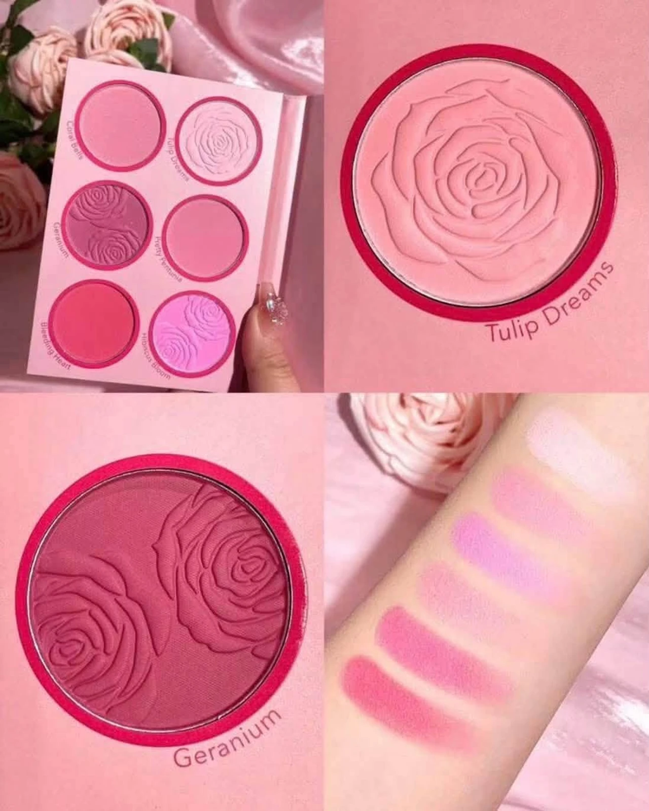 ภาพรายละเอียดบลัชออนลายดอกไม้และตัวอย่างสีบนแขน